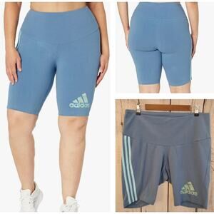 Adidas Blue Logo Graphic 3-Stripe Stretch Cotton Biker Shorts 10" Inseam 2X Plus